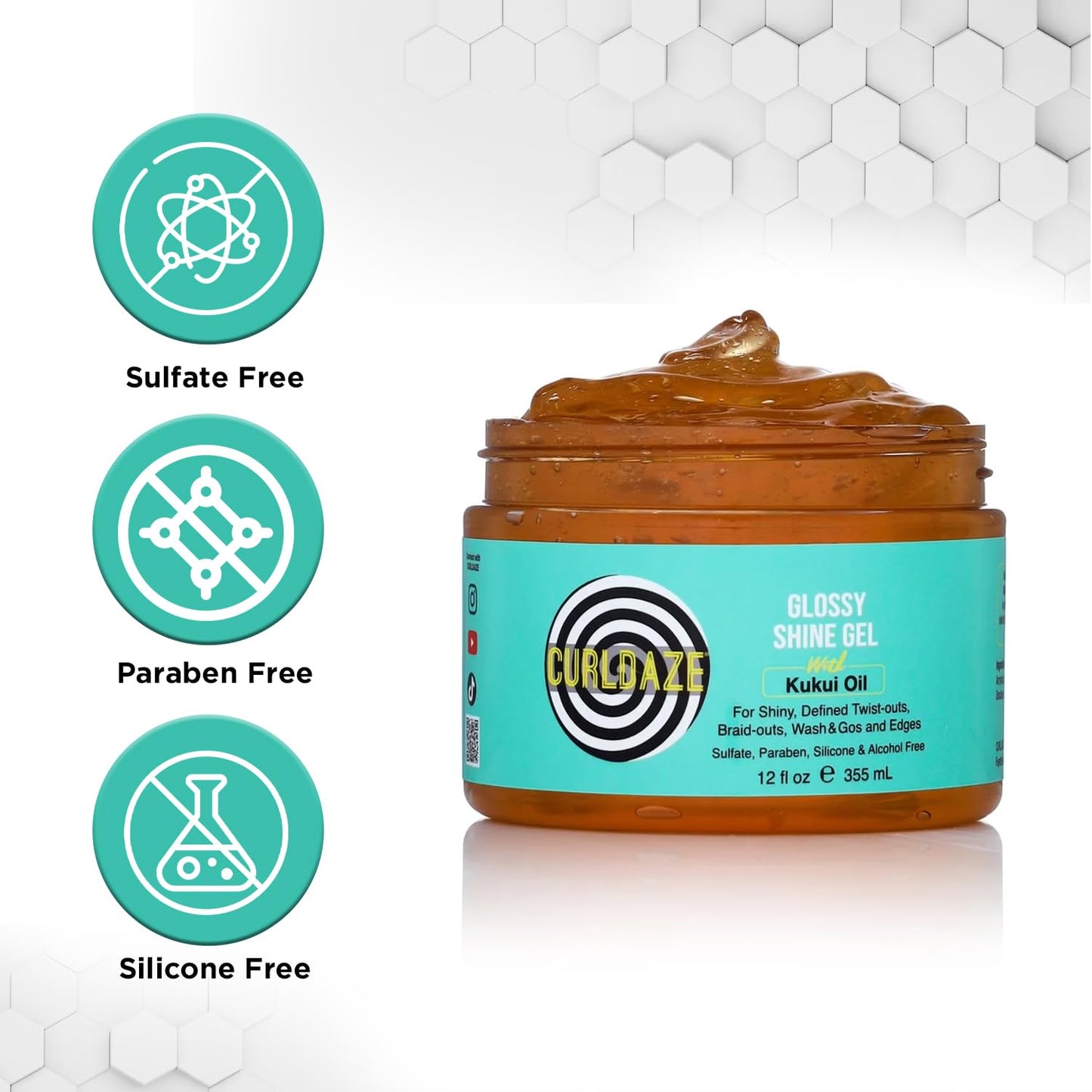 Curldaze Glossy Shine Gel with Kukui Oil, Vitamins A, C, & E, Defines Curls in Twist-Outs, Braid-Outs, Wash & Gos, Controls Frizz & Edges, Shines