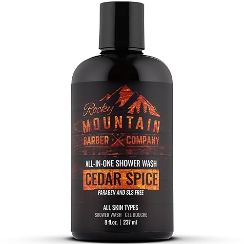 Rocky Mountain Barber Company Cedar Spice All-In-One Body Wash - Shampoo, Body Wash, Conditioner, Face Wash & Beard Wash with Essential Oils - 8 oz