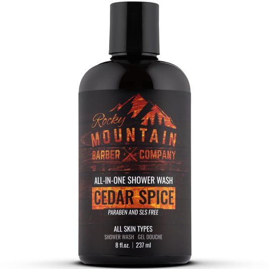 Rocky Mountain Barber Company Cedar Spice All-In-One Body Wash - Shampoo, Body Wash, Conditioner, Face Wash & Beard Wash with Essential Oils - 8 oz