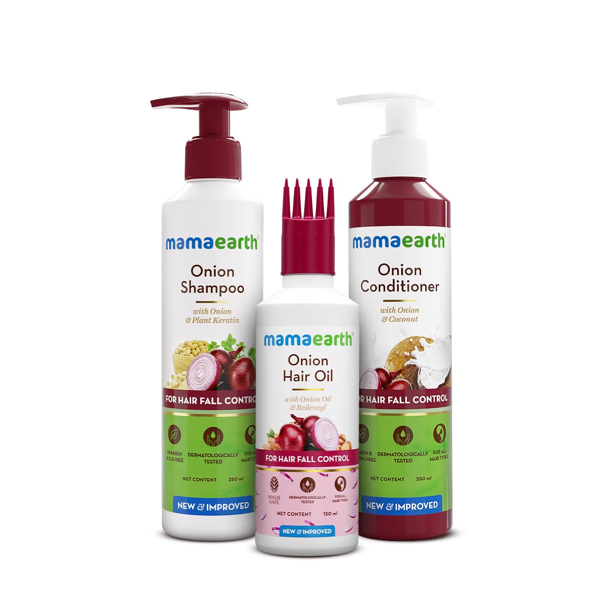 Mamaearth Onion Hair Care Kit - Hair Fall Control with 150ml Onion Oil & Shampoo + Conditioner (250ml Each) | Anti Hair Loss & Growth Formula | 3