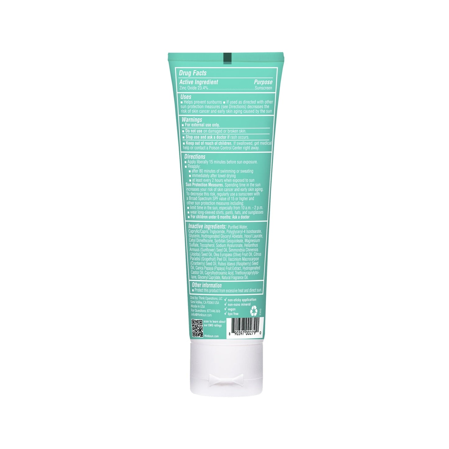 Thinkkids Safe Mineral Sunscreen SPF 50+, 3 Fl Oz, Natural, Water Resistant Reef Safe Sunscreen for Children, Broad Spectrum UVA/UVB Sun Screen