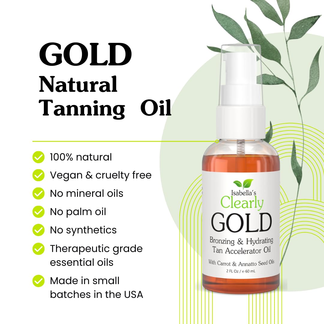 Isabella's Clearly GOLD, Natural Indoor and Outdoor Tanning Oil with Bronzer | Moisturizing Sun Tan Accelerator for a Healthy Bronze Glow with Carrot