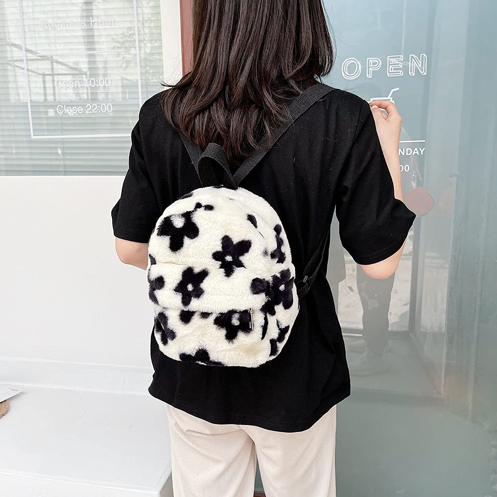 AnsenSUN Women Faux Plush Tote Bag Backpack, Plush Backpack, Preppy Style Flowers Printing Casual Knapsack, Mini Rucksacks Black and White…