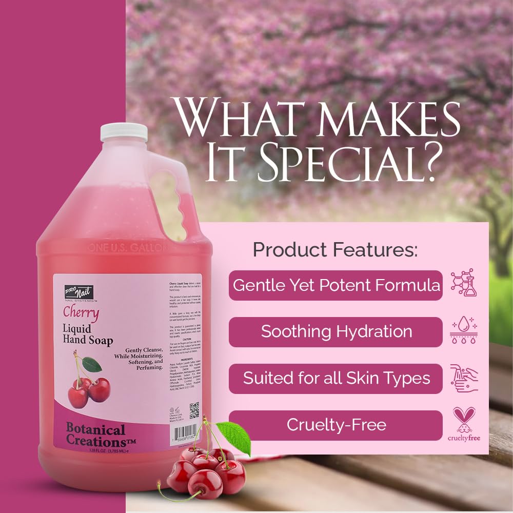 PRO NAIL NAIL SYSTEMS PRONAIL - Liquid Hand Soap Refill, Cherry, 1 Gallon - Deeply Cleanse and Hydrates, Leaving your hands Fresh and Soft - Bulk
