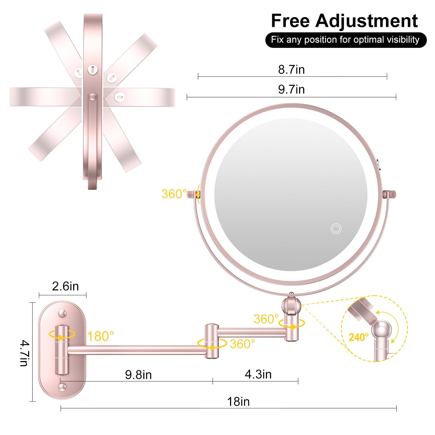9" Wall Mounted Lighted Makeup Mirror,4000mAh Rechargeable Double Sided 1X/30X Magnifying Mirror with Light,Touch Dimmable,Extended Arm 360 Rotation Beauty and Personal Care ZLOKLA