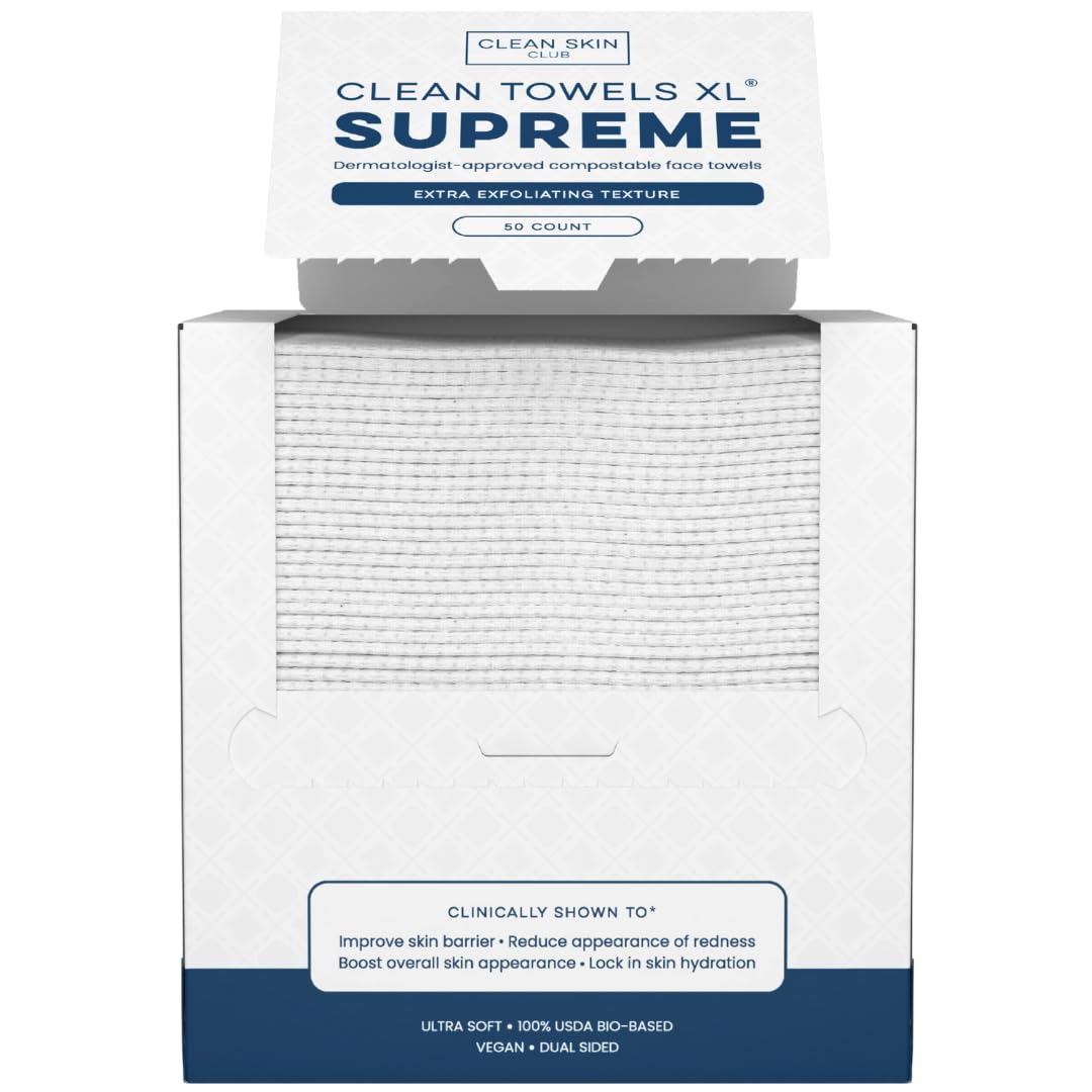 Clean Skin Club Clean Towels XL® Supreme, 100% USDA Biobased Face Towel, Disposable Face Towelette, Eczema Association Accepted, Thicker Textured Dry