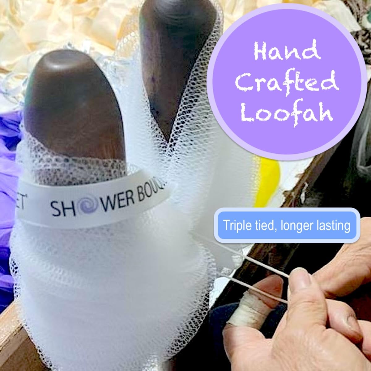 SHOWER BOUQUET Loofah Soft-White-Cloud XL Bath-Sponge 4-Pack // Extra Large 75g Mesh Loofa Lufa Pouf Set for Men and Women - Exfoliate with Big Gentle