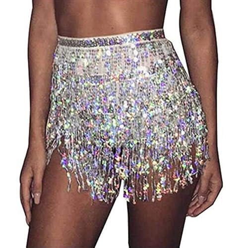Aimimier Belly Dance Hip Skirt Sequins Tassel Scarf Multi-Layered Belly Belt Dance Wrap Rave Costume Performance Festival Dresses for Women (Silver)