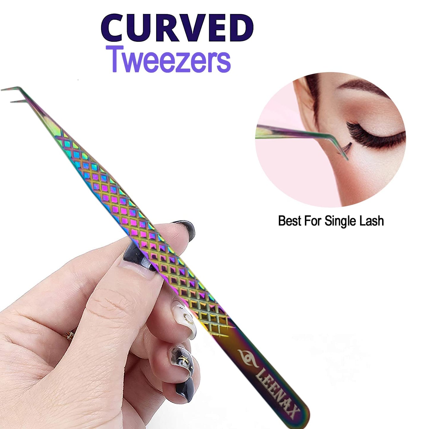 Eyelash Extension Tweezers Fiber Tip (Anti - Slip) Set of 2 pieces straight & curved with Diamond Grip, Rainbow Colour,14cm, volume Tweezers, Lash