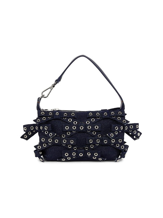 Ganni, Mini Butterfly Eyelet Denim Top Handle Pouch, Dark Navy
