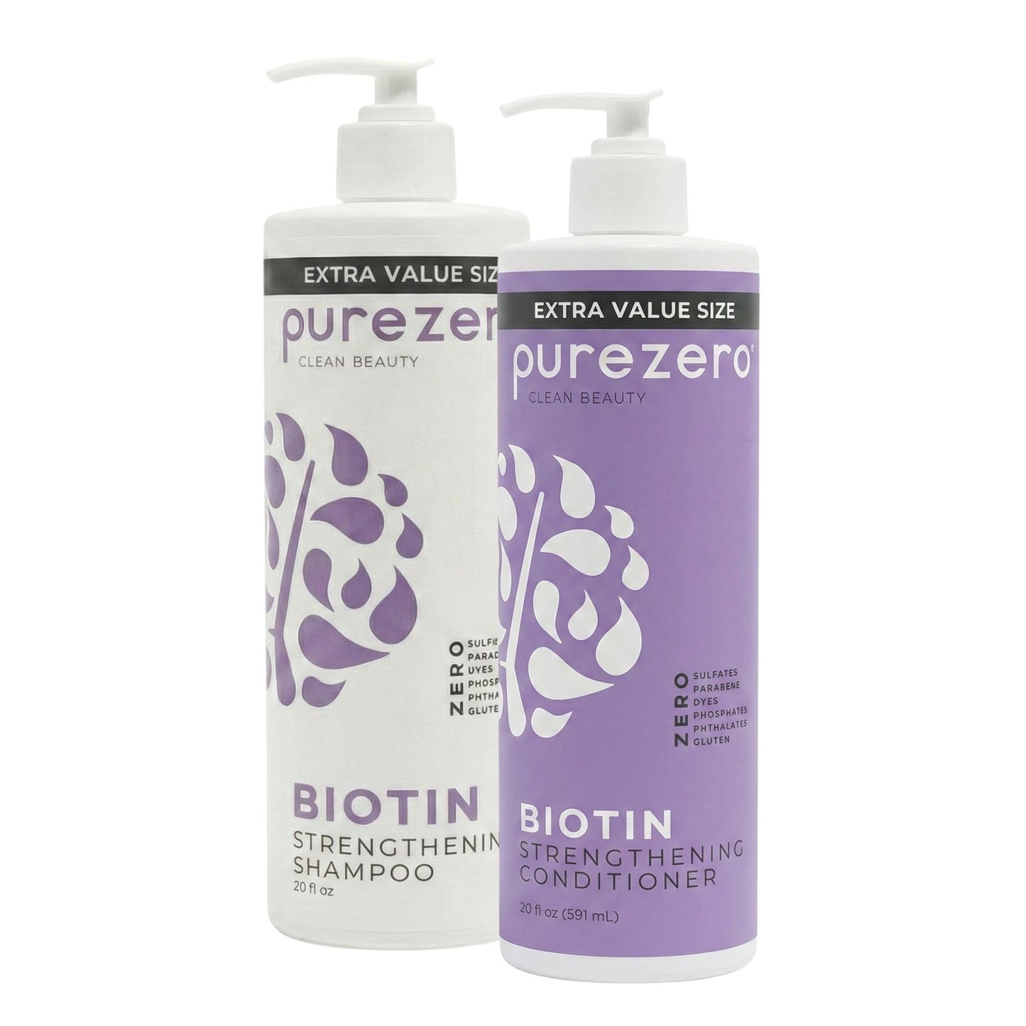 Purezero Biotin Shampoo & Conditioner Set - Anti Thinning Formula - Volumizing, Thicker, Fuller Hair - Zero Sulfates, Parabens, Dyes, Gluten - 100%