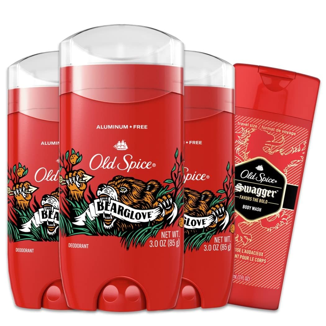 Old Spice Aluminum Free Deodorant for Men, 24/7 Odor Protection, 24/7 Freshness & Lasting Scent, Bearglove Scent, 3.0 oz with Travel Size Swagger Body