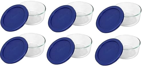 Pyrex 7200 2-Cup Glass Bowl & 7200-PC Dark Blue Lid (6-Pack) - Made in USA