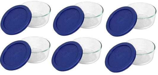 Pyrex 7200 2-Cup Glass Bowl & 7200-PC Dark Blue Lid (6-Pack) - Made in USA