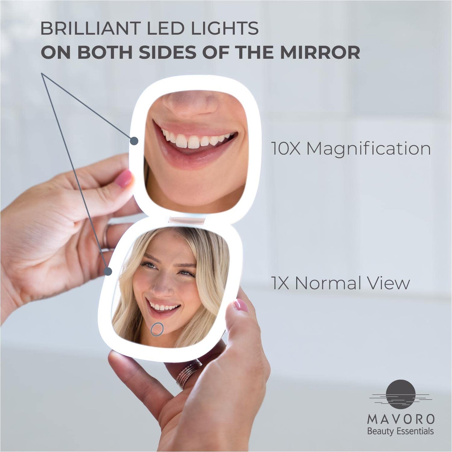 Mavoro LED Lighted Travel Makeup Mirror | 1x/10x Magnification | Rechargeable USB-C | Pocket & Purse Portable Lighted Travel Makeup Compact Mirror