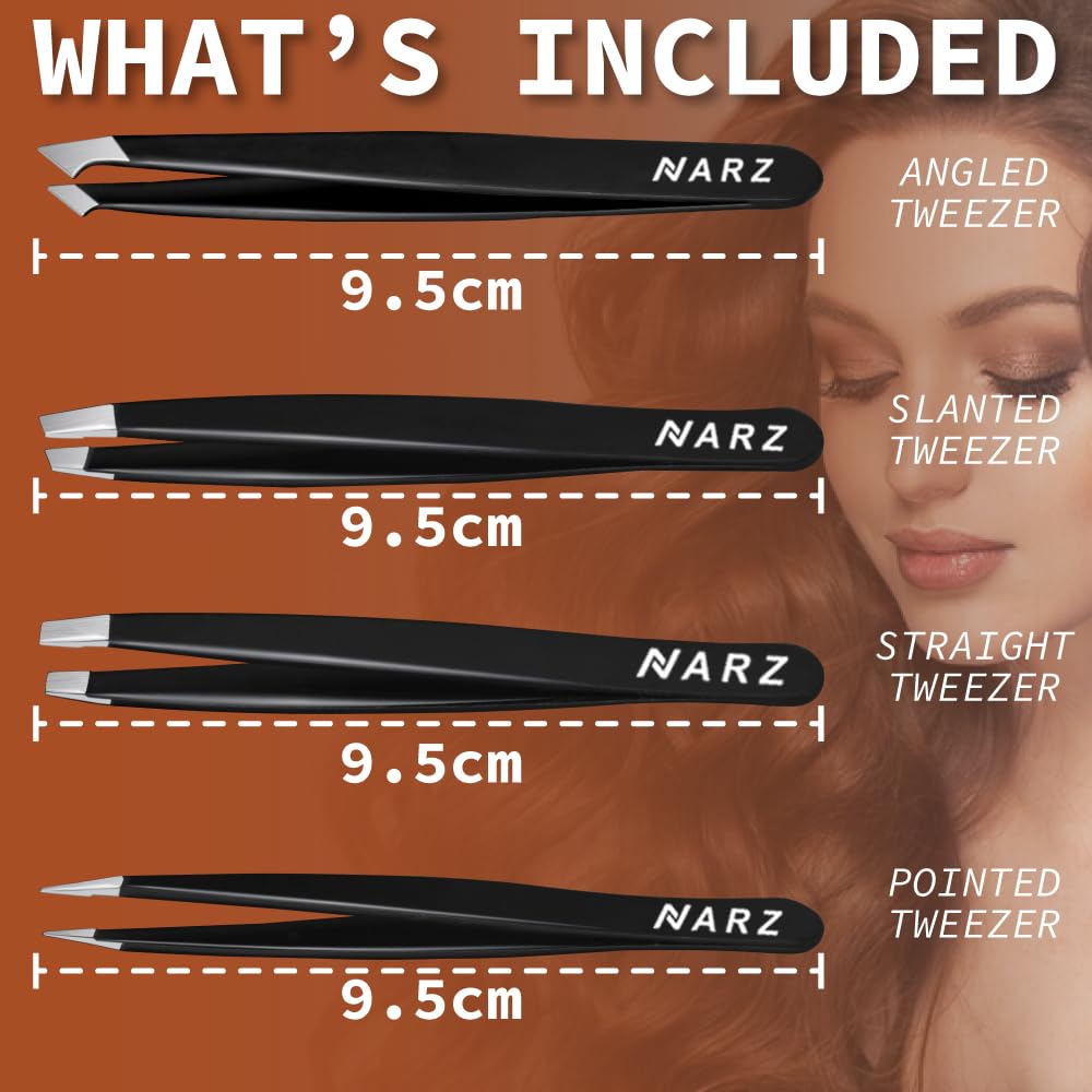 NARZ 4Pcs Professional Tweezers for Women Facial Hair Stainless Steel Precision Tweezers for Ingrown Hair Eyebrow Tweezer for Men & Women (Black Set)