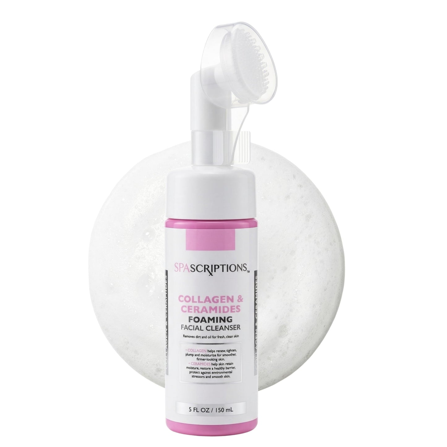 SpaScriptions 2 in 1 Cleanse & Exfoliate Foaming Facial Cleanser - Collagen & Ceramides Face Wash with Silicone Brush for Dry Skin with Barrier