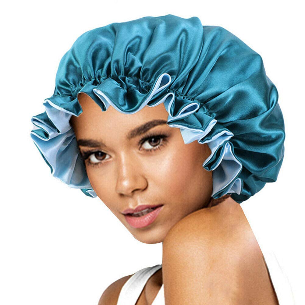 Magik Double-sided Cover Satin Night Sleep Cap Hair Bonnet Hat Head w/Elastic Band (2 Pack, Teal Blue/Light Blue) Beauty and Personal Care Magik