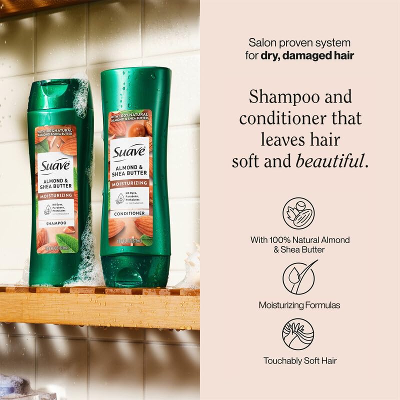 Suave Almond & Shea Butter Shampoo and Conditioner for Dry Hair - Moisturizing Hair Products for Women & Men, Frizz Control, 12.6 Oz Ea