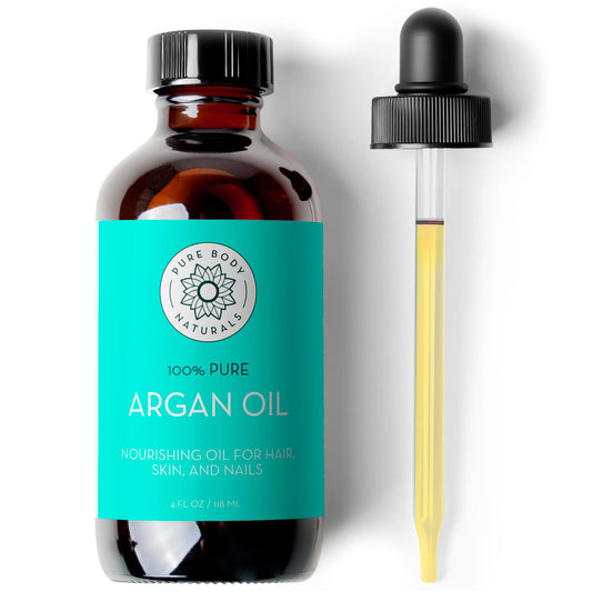Pure Body Naturals Argan Oil for Skin and Face - 4 fl oz Cold Pressed, Light, Non-Greasy, Nourishing Pure Argan Oil for Hair - Aceite de Argan