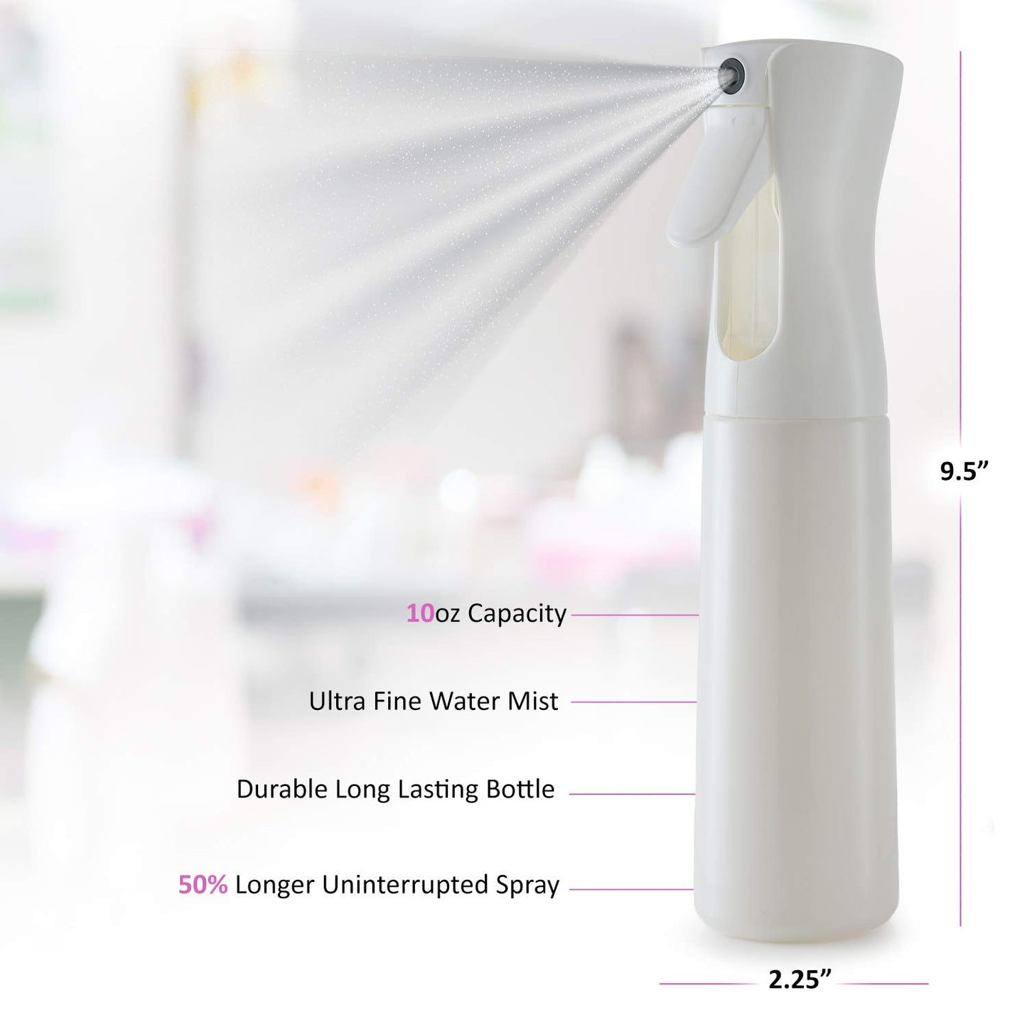 Continuous Mist Empty White Spray Bottle For Hair - Salon Quality 360 Water Misting Sprayer - Pressurized Aerosol Stylist Spray Mister (10 Oz)