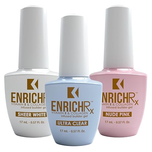 KUPA EnrichRx Builder Gel Trio Pack - Ultra Clear, Sheer White, Nude Pink - Vitamin E & Collagen Infused, UV/LED Soak-Off Gel Brush On Natural Nail Beauty & Personal Care KUPA