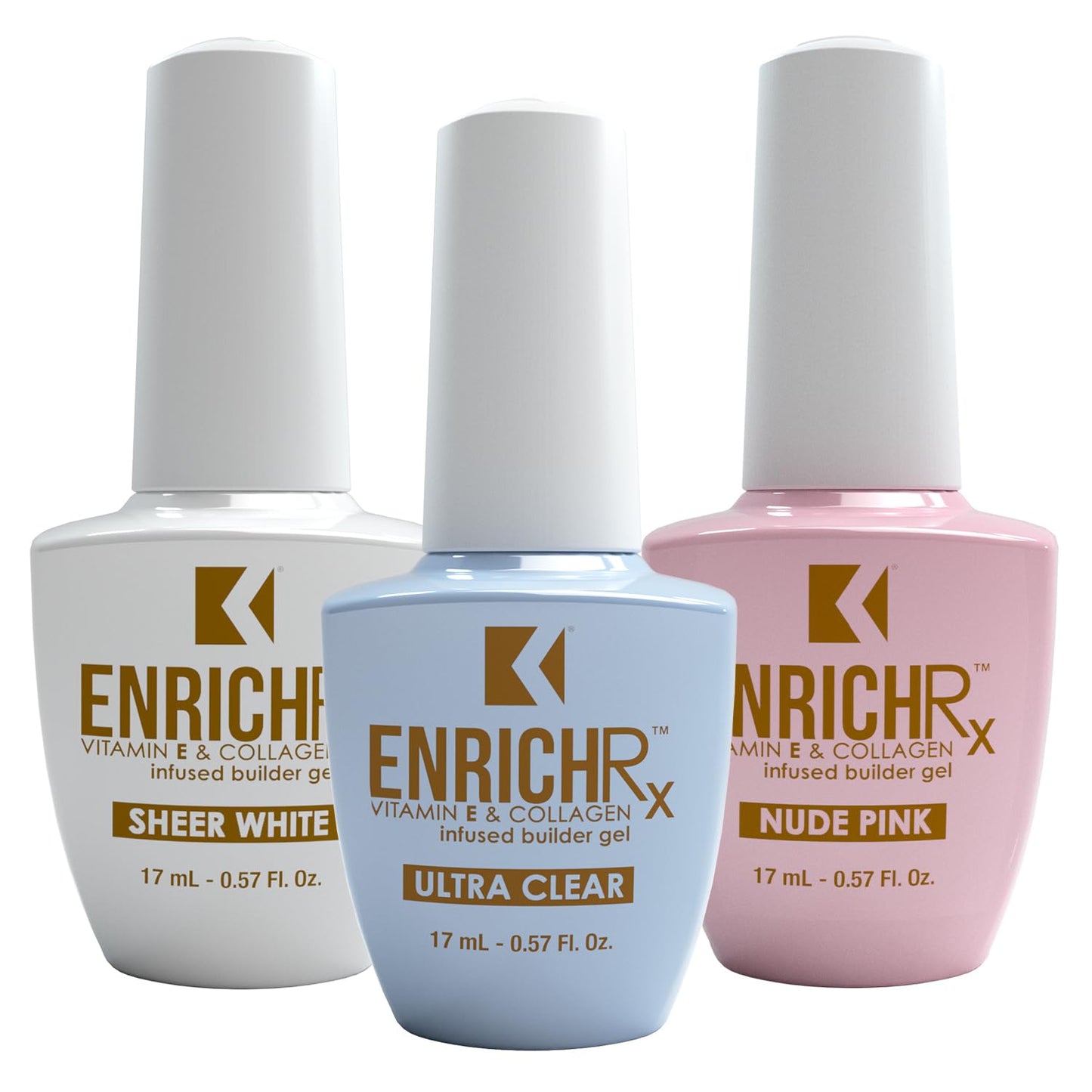 KUPA EnrichRx Builder Gel Trio Pack - Ultra Clear, Sheer White, Nude Pink - Vitamin E & Collagen Infused, UV/LED Soak-Off Gel Brush On Natural Nail Beauty & Personal Care KUPA