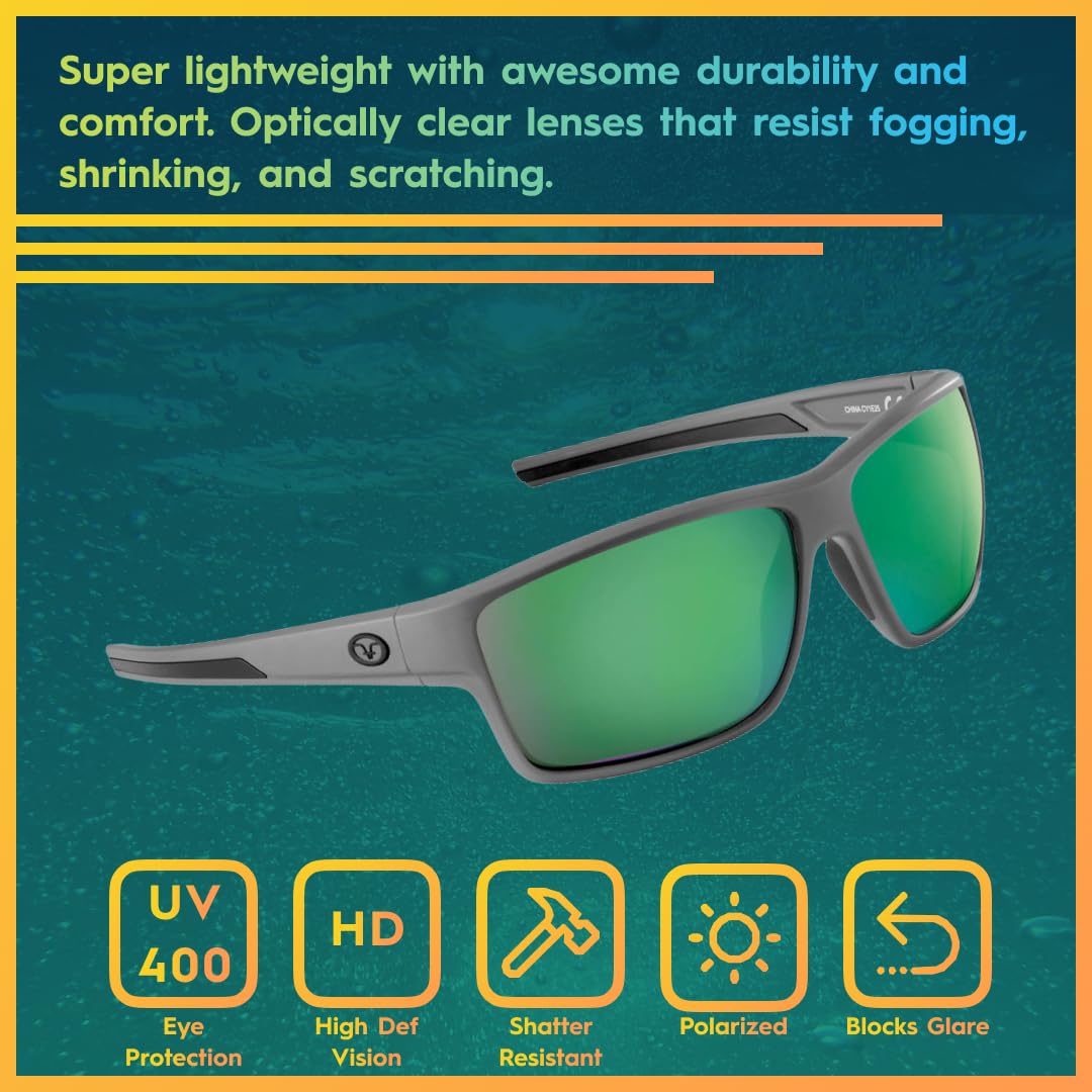 Flying Fisherman Mojarra Polarized Rectangular Sunglasses, Matte Gray Frame/Amber-Green Mirror Lens, Medium