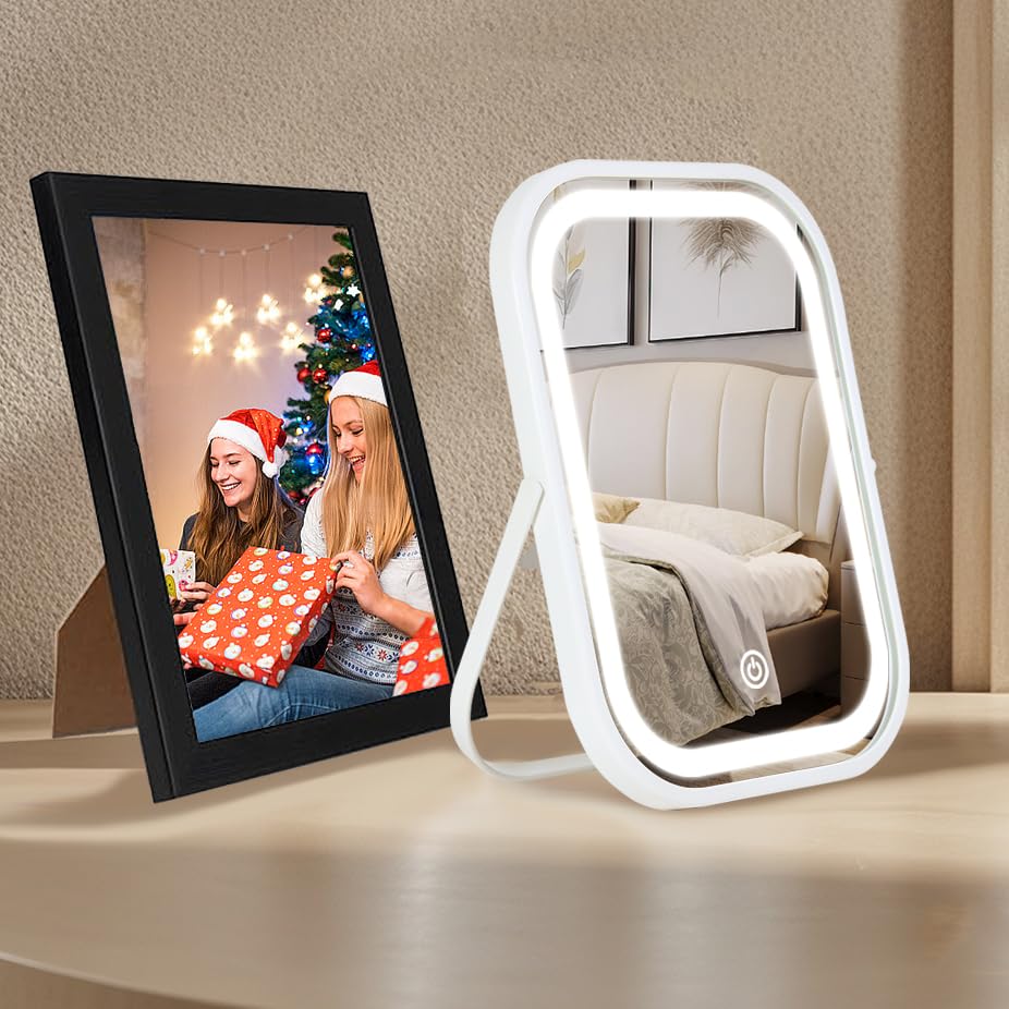 YEKKOPT Travel Makeup Mirror with Lights, Portable Small Beauty LED Vanity Mirror with Lights, 1200mAh Battery, Dimmable Touch Screen, Tabletop Beauty and Personal Care YEKKOPT