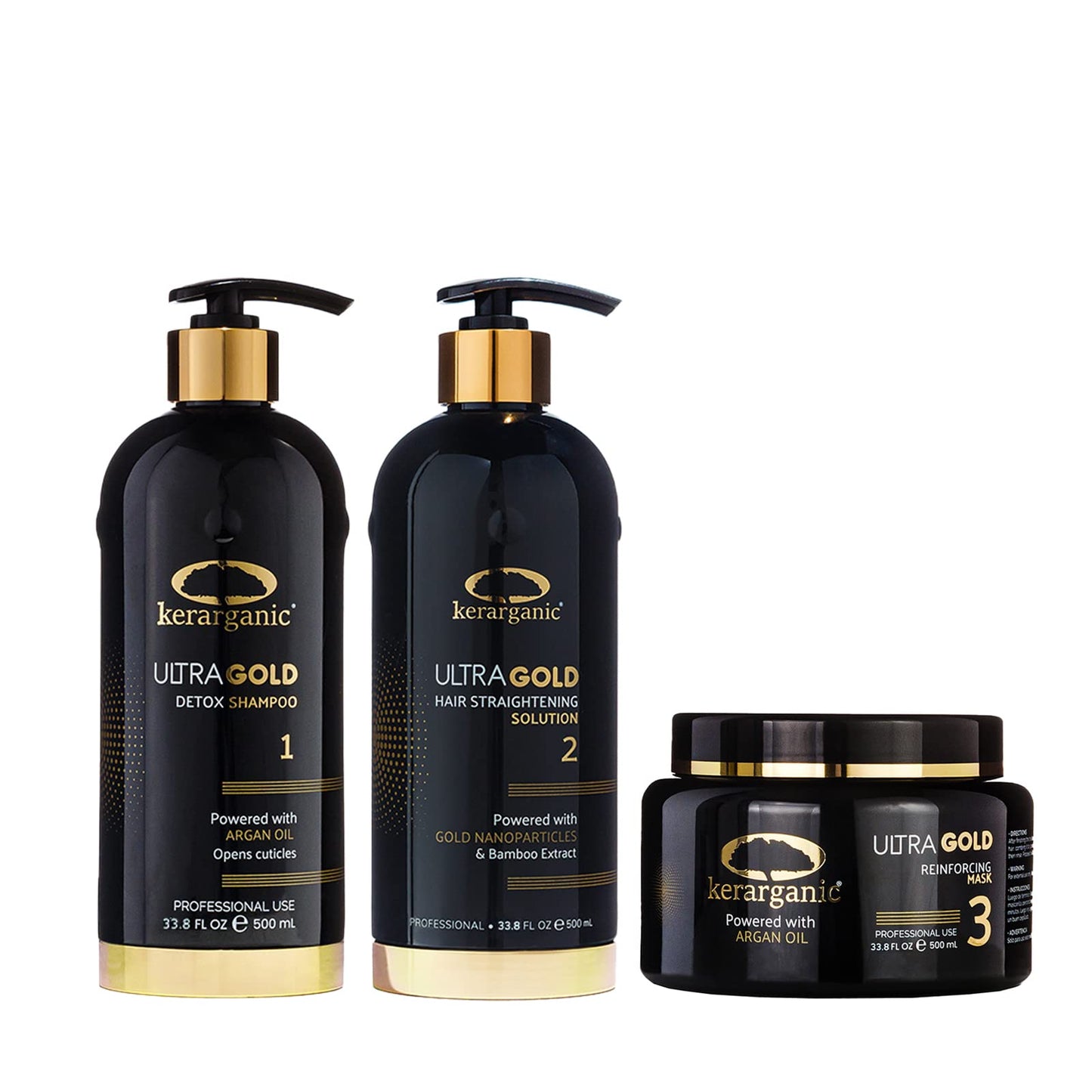 ULTRA GOLD - PROFESSIONAL BRAZILIAN KERATIN TREATMENT BUNDLE (Detox Shampoo 1000ml + Keratin Treatment 1000ml + Mask 500ml)