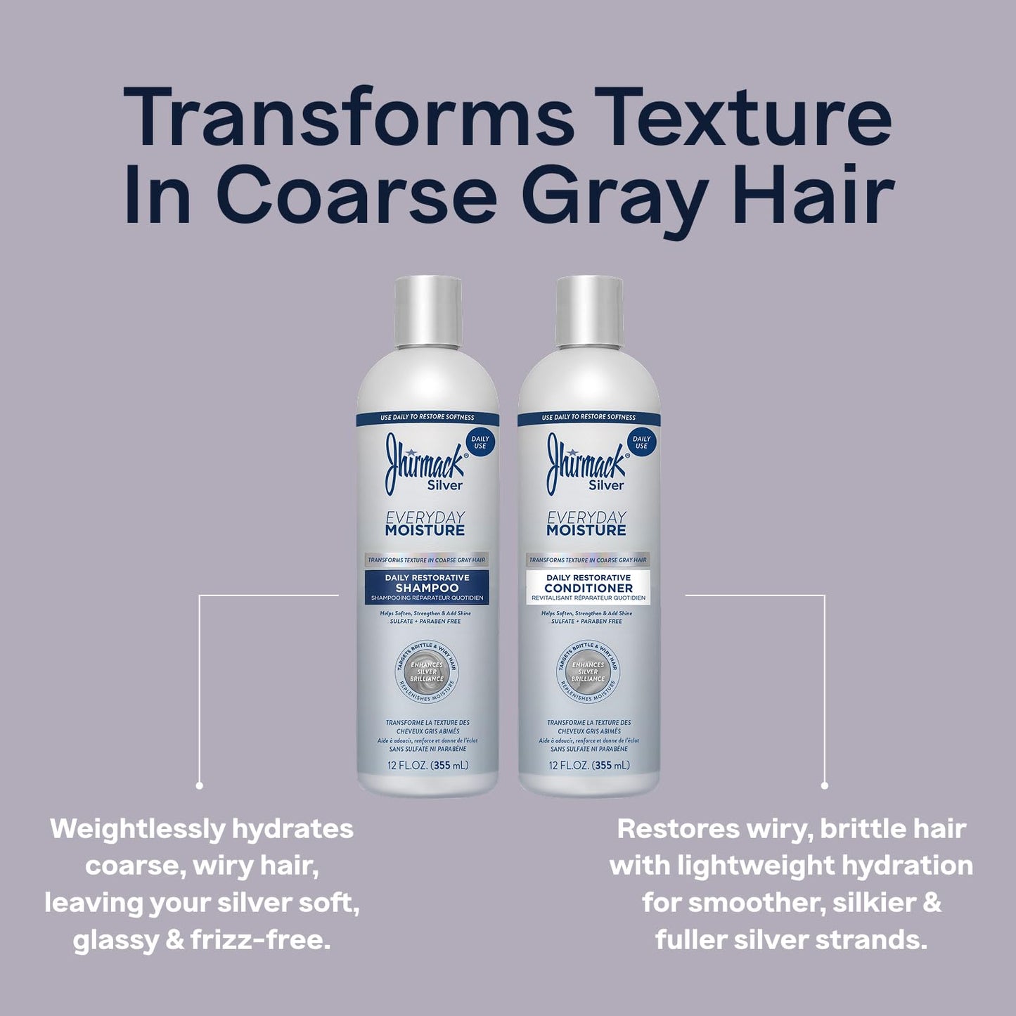 Jhirmack Silver Everyday Moisture Daily Restorative Shampoo and Conditioner Set | For all types of Silver, Grey, and White Hair | 12 fl oz each