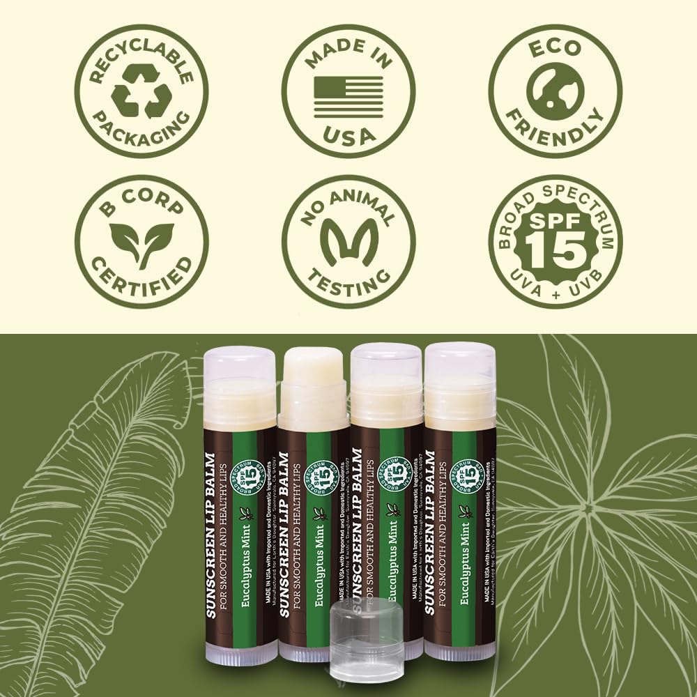 Earth's Daughter SPF Lip Balm Eucalyptus Mint 4-Pack - Lip Sunscreen, SPF 15, Organic Ingredients, Beeswax, Coconut Oil, Vitamin E - Hypoallergenic