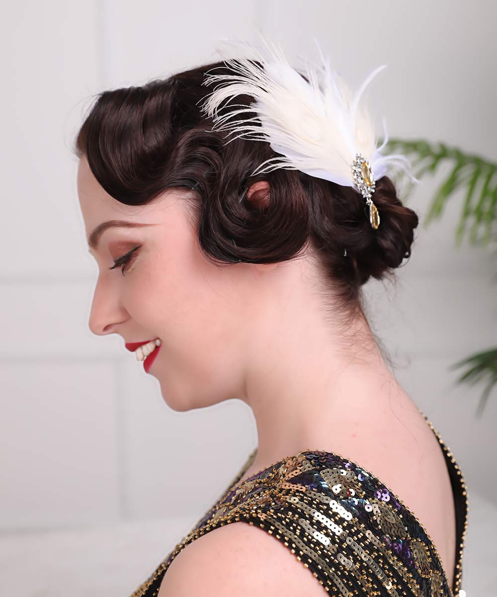Aimimier Bridal 1920s Flapper Feather Hair Clip Crystal Teardop White Feather Roaring 20s Headpiece Prom Party Festival Hair Jewelry for Women