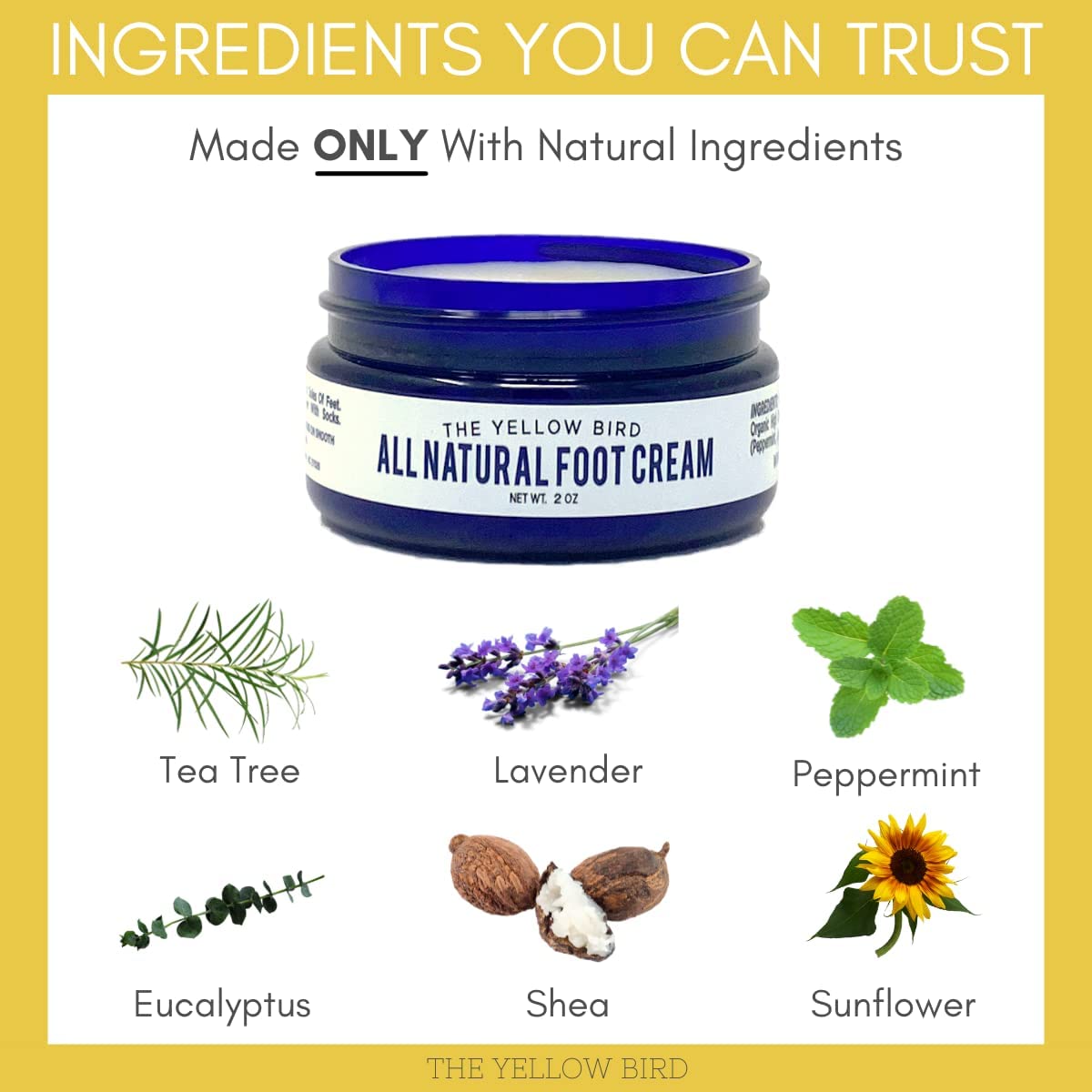 Yellow Bird Foot Cream - Hydrating Tea Tree Oil Foot Balm with Essential Oils. Natural Athletes Foot Treatment. Moisturizing Cracked Feet Repair