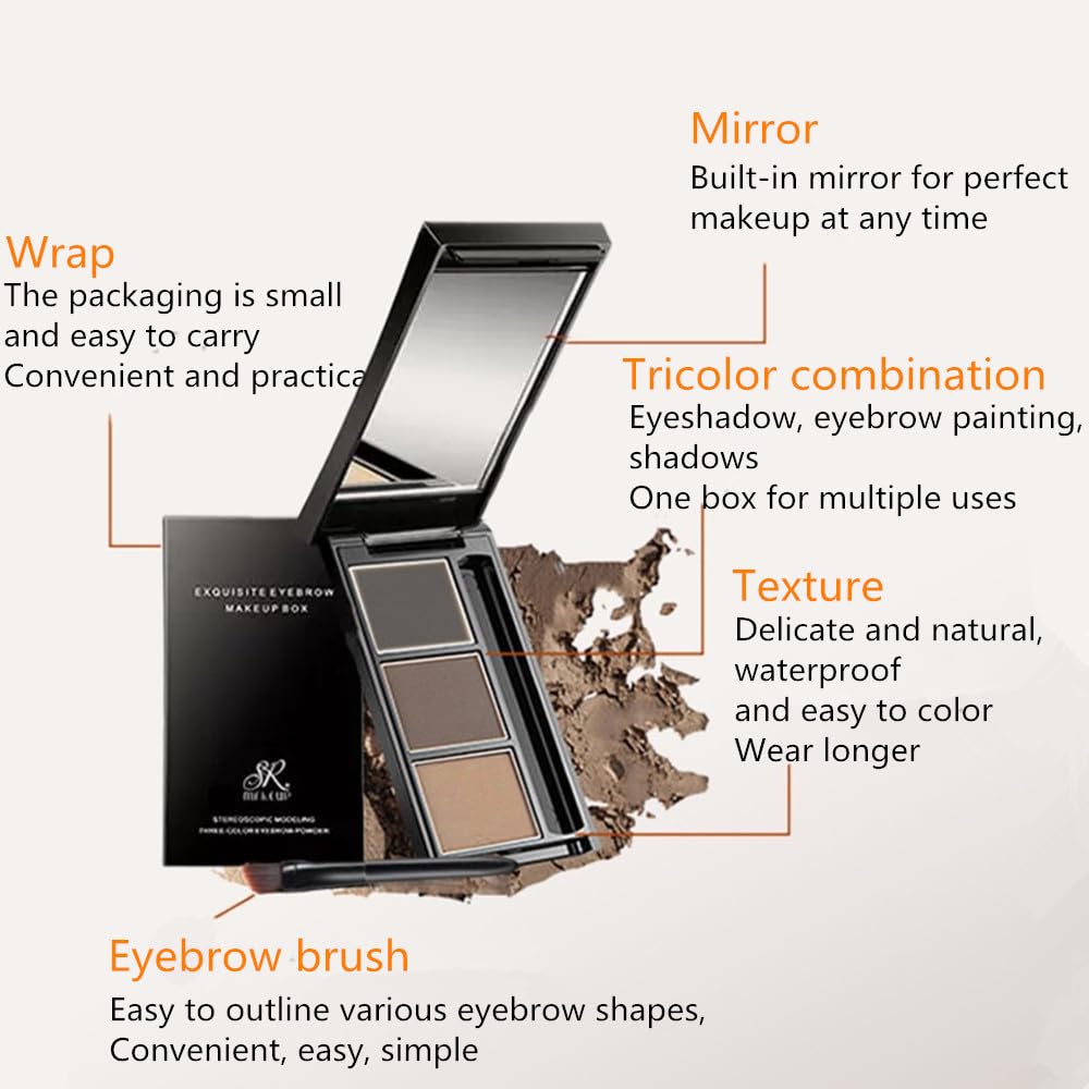 Eyebrow powder three-color brow disc waterproof eyebrow powder eyebrow makeup kit eyebrow filler to shape natural eyebrows (03# Skin color, brown