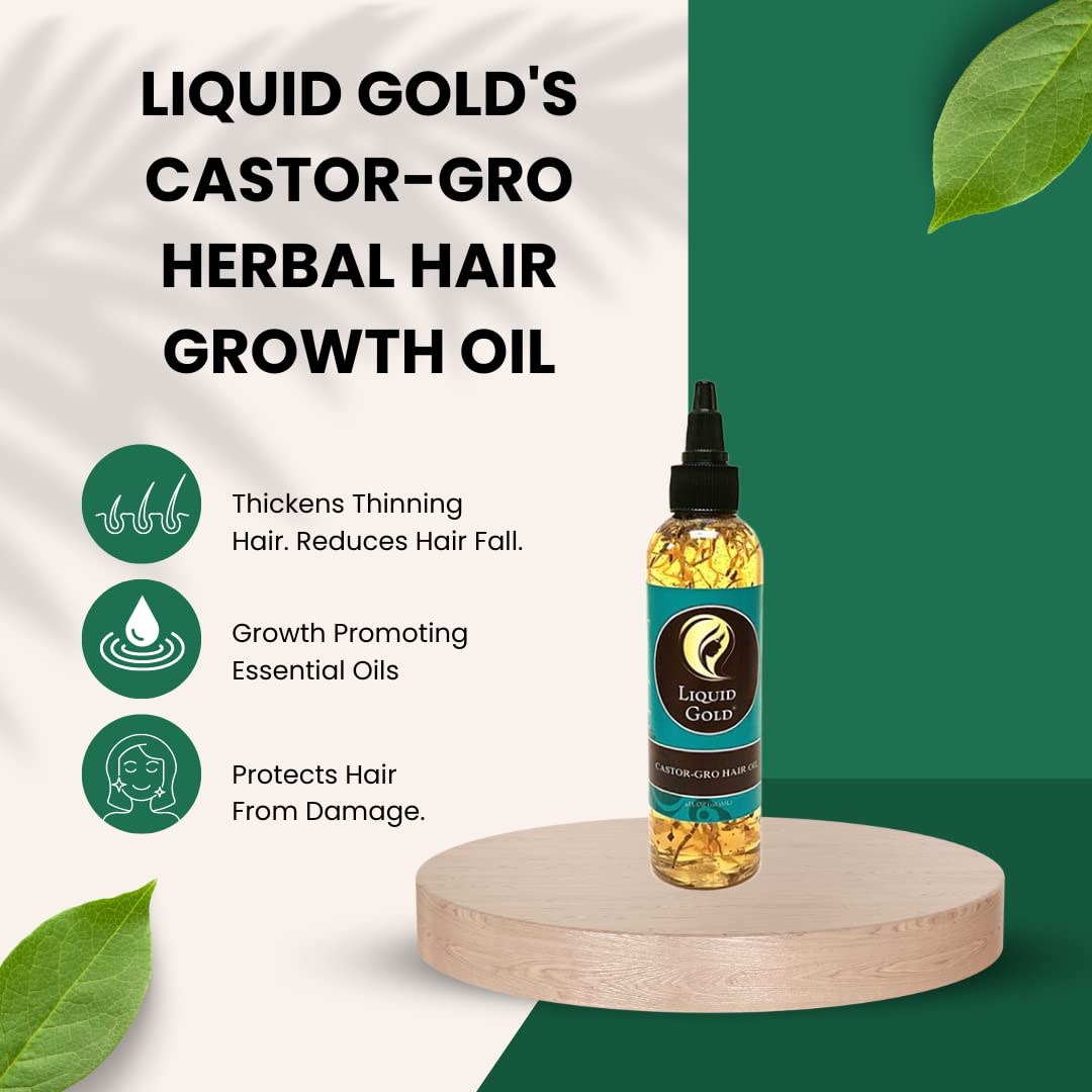 Liquid Gold Castor-Gro Herbal Hair Growth Oil for All Hair Types - Thickens Thinning Hair, Reduces Fall, Softens & Stimulates Rapid Growth. 4oz