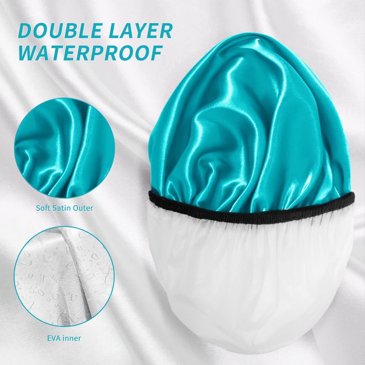 Aquior Shower Cap for Women Reusable, Extra Large Shower Cap for Men,Satin EVA Double Layer Waterproof Hair Cap For Long Hair, 4 Pieces