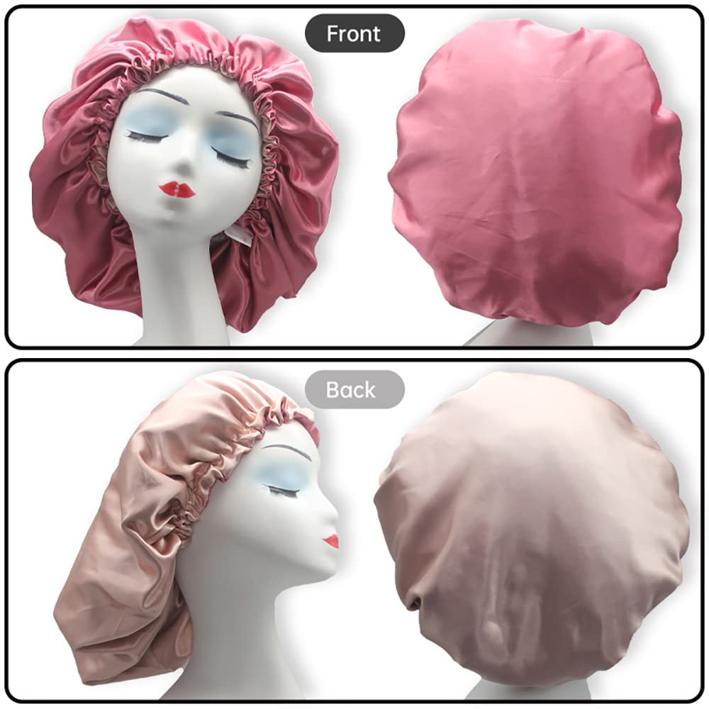 Satin Sleep Cap, Adjustable Satin Cap, Silk Bonnet, Reusable Bath Hair Cap for Night Sleeping Reversible Double Layer 2 Pack (Eggplant + Blush)