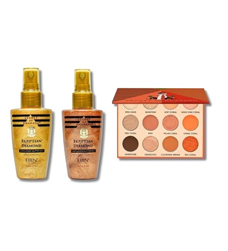 Secret of Pharaoh Egyptian Diamond Glitter Mist Gold 70ml and Rose Gold 70ml Bundle with Coral Oasis Eyeshadow Palette by EBIN NEW YORK - Shimmer Body