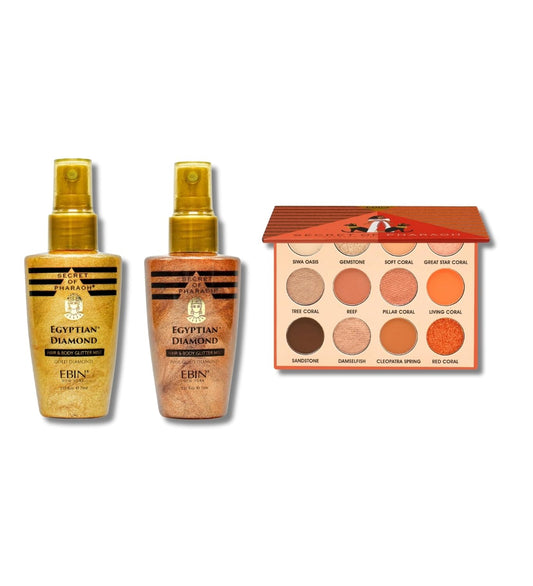 Secret of Pharaoh Egyptian Diamond Glitter Mist Gold 70ml and Rose Gold 70ml Bundle with Coral Oasis Eyeshadow Palette by EBIN NEW YORK - Shimmer Body