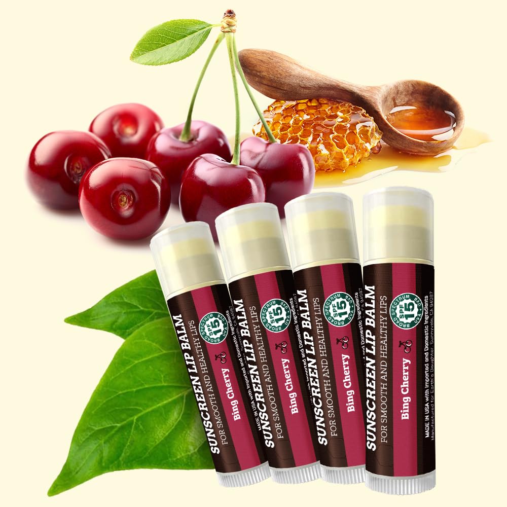 Earth's Daughter SPF Lip Balm Cherry Flavor 4-Pack Stocking Stuffers - Lip Sunscreen, SPF 15, Organic Ingredients, Beeswax, Coconut Oil, Vitamin E