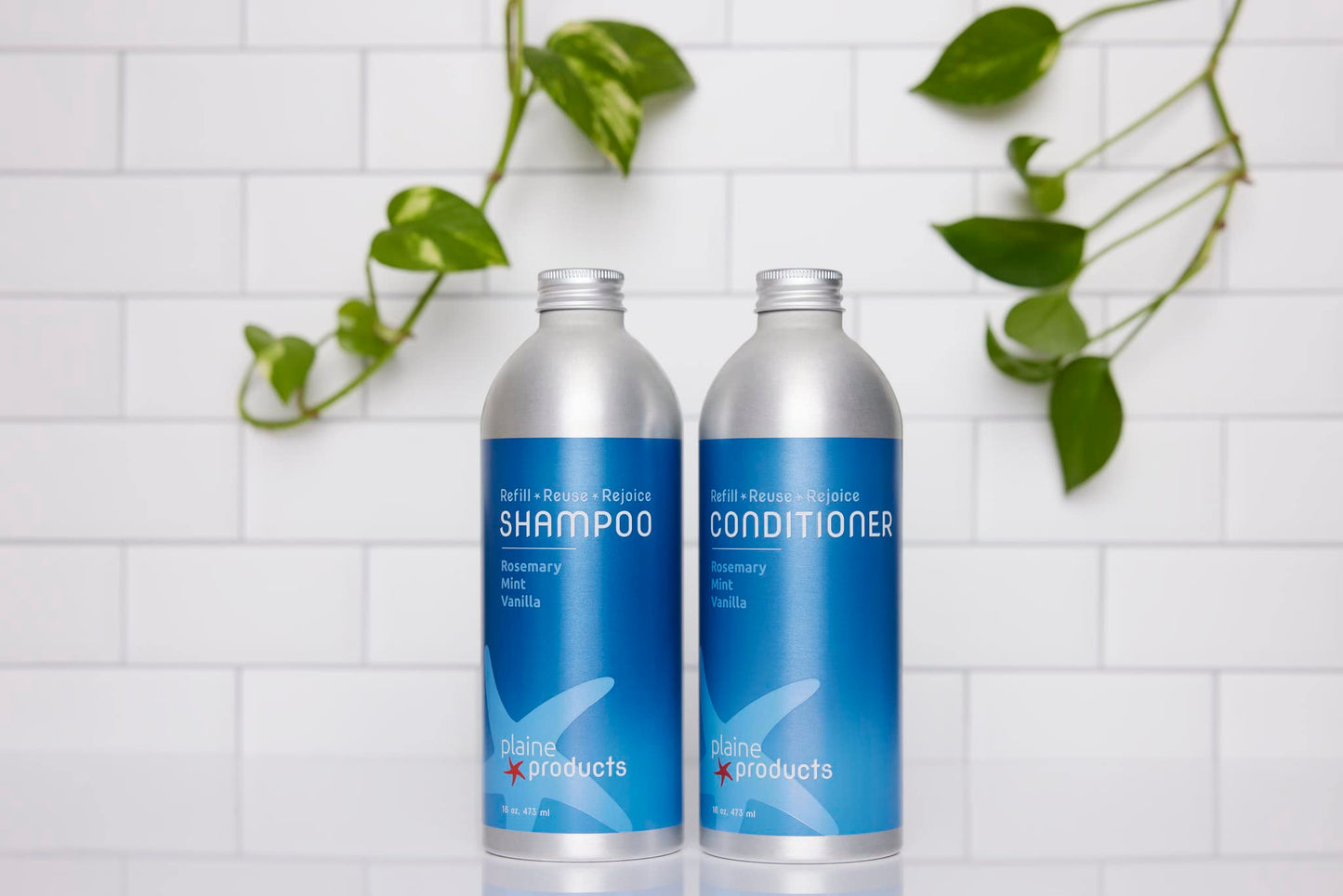 Plaine Products Eco-Friendly Shampoo and Conditioner - Rosemary, Mint, Vanilla - Sulfate & Paraben Free, 16oz Refill Bottles