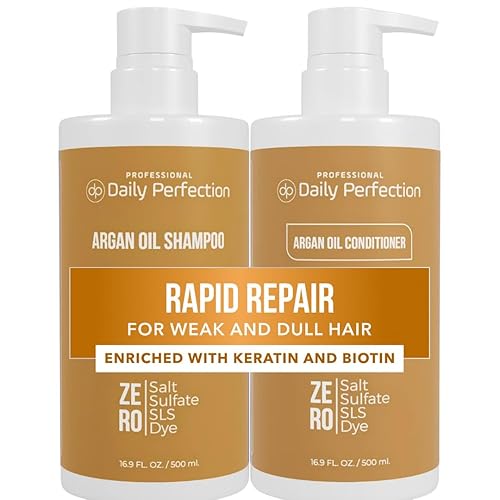 Daily Perfection Argan Oil Shampoo and Conditioner Set - Rapid Repair Deep Hydrationwith Biotin and Keratin for Weak, and Damaged Hair - Salt, Sulfate