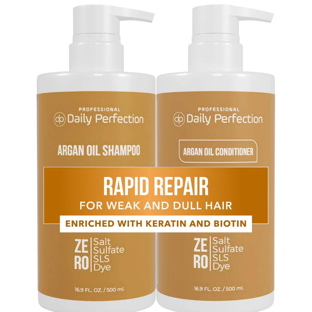 Daily Perfection Argan Oil Shampoo and Conditioner Set - Rapid Repair Deep Hydrationwith Biotin and Keratin for Weak, and Damaged Hair - Salt, Sulfate