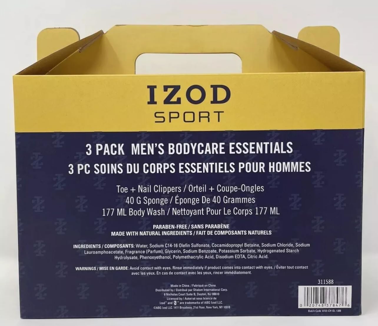 IZOD Sport 3 Pack Body Care, Toe & Nail Clippers, Body Wash and 40g Sponge, Blue & Yellow