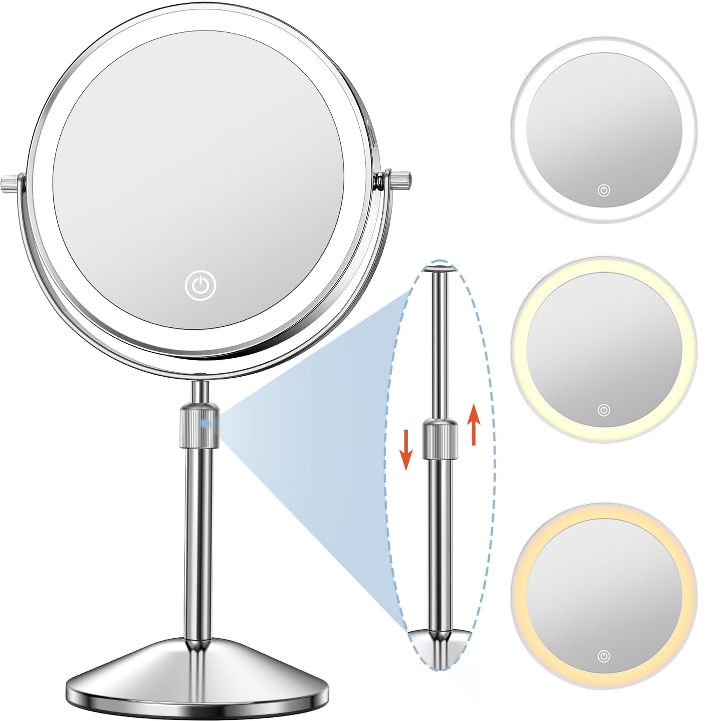 Niuphia Vanity Mirror with Lights 7" Rechargeable 1x/10x Lighted Makeup Mirror Adjustable Height Double Sided Mirror with Lights 360°Rotating Makeup