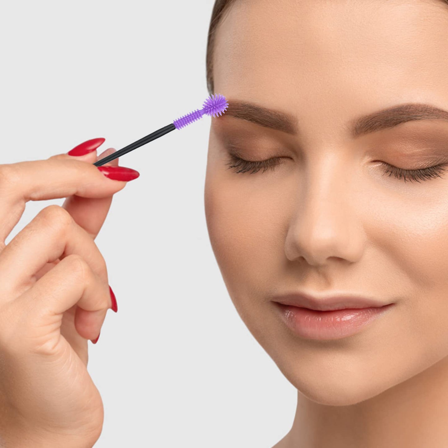 G2PLUS 50PCS Silicone Eyelash Brushes, Purple Disposable Mascara Wands, Adjustable Ball- Shape Eyelash Spoolies, Eyebrow Brushes for Eyelash Extension