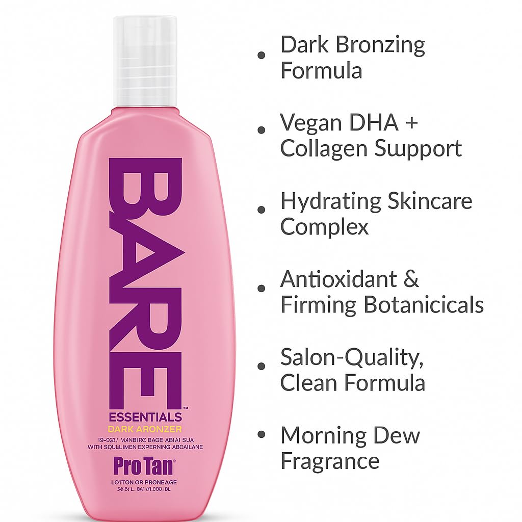 Pro Tan BARE Essentials Dark Bronzer Tanning Lotion 8.5 fl oz - Vegan DHA, Collagen Boosting Squalane, Aloe, Coconut Oil, Jojoba & Vitamins B C E