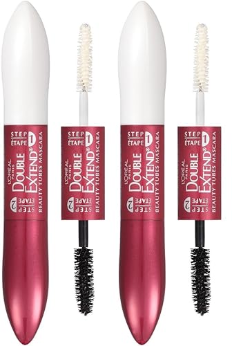 L'Oreal Paris Makeup Double Extend Tubing Mascara, Lengthening 2 Step Mascara, Smudgeproof, Blackest Black, Pack of 2