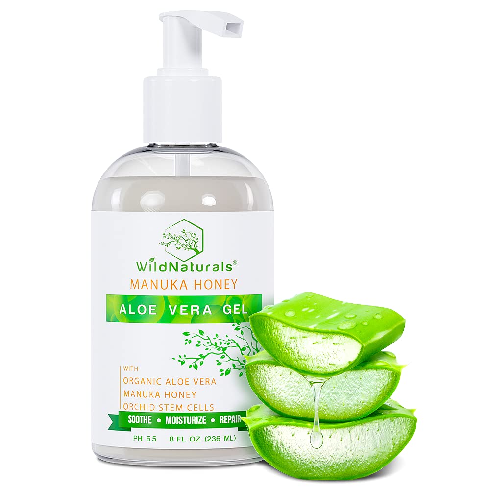 Wild Naturals 100% Pure Aloe Vera Gel with Manuka Honey - Organic Gel for Sunburn Relief, Acne, Scars & Dry Scalp - Moisturizing Gel for Face, Hair